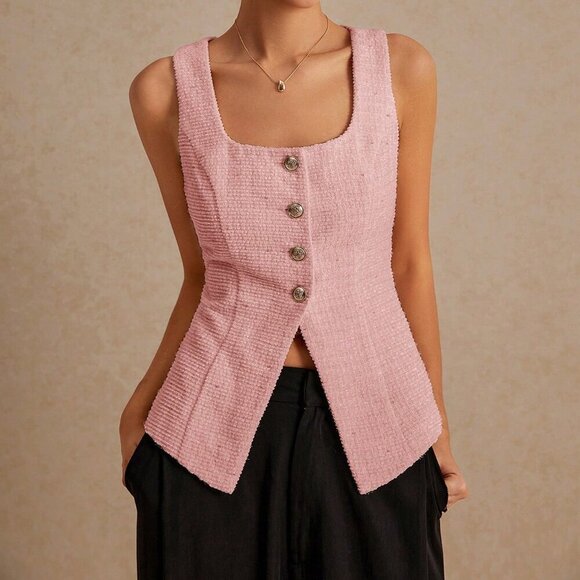 Baby Pink Casual Women's Sleeveless Scooped Back Tweed Top - Picture 4 of 7